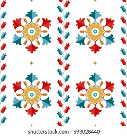 Seamless pattern of Islamic floral ornament with tulip flowers in garlands and palms in repeated shape of hexagon inspired by Turkish ceramics. Decorative colorful ethnic print. Vector Illustration.