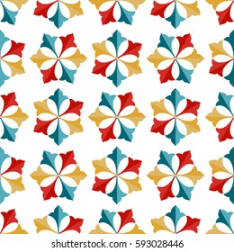 Seamless pattern of Islamic floral ornament of palm leaves in repeated shape of hexagon inspired by Turkish ceramics. Decorative colorful ethnic print. Vector Illustration.