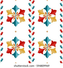 Seamless pattern of Islamic floral ornament with tulip flowers in garlands and palms in repeated shape of hexagon inspired by Turkish ceramics. Decorative colorful ethnic print. Vector Illustration.