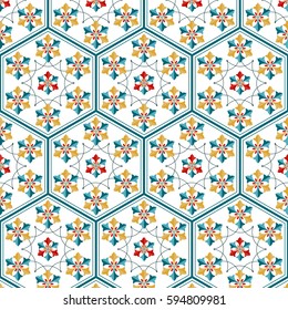 Seamless pattern of Islamic floral ornament with tulip flowers and palms, repeated shape of hexagon inspired by Turkish ceramics. Decorative colorful kaleidoscopic trellis print. Vector Illustration.