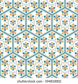 Seamless pattern of Islamic floral ornament with tulip flowers and palms, repeated shape of hexagon inspired by Turkish ceramics. Decorative colorful kaleidoscopic trellis print. Vector Illustration.