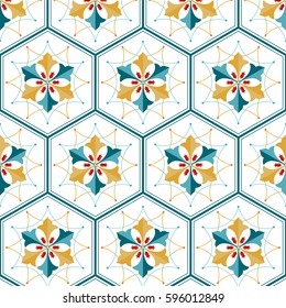 Seamless pattern of Islamic floral ornament with tulip flowers and palms, repeated shape of hexagon inspired by Turkish ceramics. Decorative colorful kaleidoscopic trellis print. Vector Illustration.