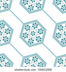 Seamless pattern of Islamic floral ornament of palms leaves inside the shape of hexagon. Dotted garlands. Beads. Decorative turquoise kaleidoscopic trellis print. Vector Illustration.