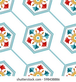 Seamless pattern of Islamic floral ornament of tulip flowers and palms inside the shape of hexagon. Dotted garlands. Beads. Decorative colorful kaleidoscopic trellis print. Vector Illustration.