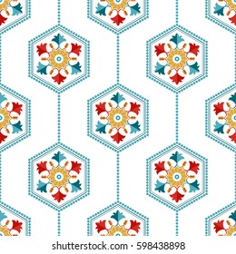 Seamless pattern of Islamic floral ornament of tulip flowers and palms inside the shape of hexagon. Dotted garlands. Beads. Decorative colorful kaleidoscopic trellis print. Vector Illustration.