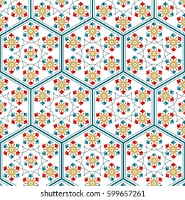 Seamless pattern of Islamic floral ornament of palm leaves and tulips in repeated shape of hexagon inspired by Turkish ceramics. Decorative colorful kaleidoscopic trellis print. Vector Illustration.