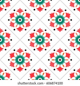 Seamless pattern of Islamic floral ornament of palm leaves and tulips in shape of hexagon and dotted beads. Decorative colorful kaleidoscopic trellis print. Vector Illustration.