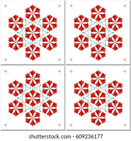 Seamless pattern of Islamic floral ornament with of red Carnation flower wreath in shape of hexagon. Decorative print for wall and floor home ceramic. Colorful ethnic print. Vector Illustration.