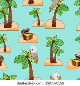 seamless pattern, island with palm trees, parrots and treasure with gold, ornament for wallpaper in the children room, wrapping paper