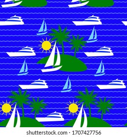 Seamless pattern with island, palm trees, sea, yacht, sailing boat, sun on a blue background.
