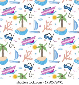 Seamless pattern island, yacht, boat, diving mask, coral, sunny sky and gulls. Summer exotic background of digital paper. Vector cartoon flat illustration