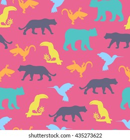 Seamless pattern with isolated animals and birds. The bear , jaguar , toucan, lizards , hummingbird. Vector
