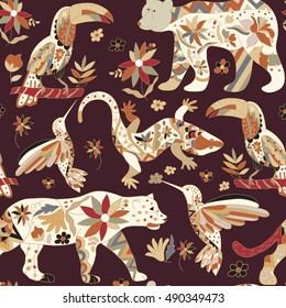 Seamless pattern with isolated animals and flowers. The bear, jaguar, toucan, lizards , hummingbirds. Vector illustration.