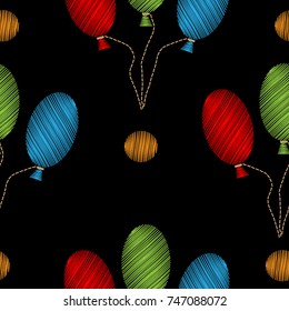 Seamless pattern with isolated balloon embroidery stitches imitation on the black background. Holiday embroidery background.