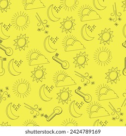 Seamless pattern of isolated black contour 3d weather icons on yellow background with cloud, sun, snow, moon, thermometer for textile, packaging. Vector illustration.