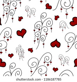 Seamless pattern with isolated black doodle spiral branches and red hearts on a white background