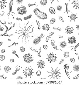Seamless pattern of isolated cartoon bacteria and viruses of different kinds .