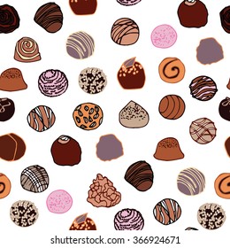Seamless pattern with isolated chocolate candies on white background  Hand drawn vector illustration. Different set of chocolate candies,lollipops, sweet stuff. 