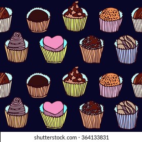 Seamless pattern with isolated chocolate packing candies on brown background  Hand drawn vector illustration. Different set of chocolate candies,lollipops, sweet stuff. 