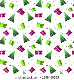 
Seamless pattern: isolated Christmas trees and gifts on a white background. New Year's packaging. flat vector. illustration