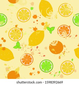 
Seamless pattern: isolated citrus fruits and watercolor spots on a light background. flat vector. illustration