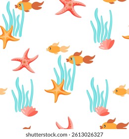 Seamless pattern of isolated colored starfish, seaweeds and fish icons on white background. Vector illustration for wrapping paper, print, packaging.