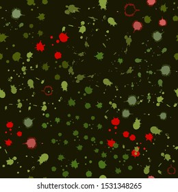 
seamless pattern: isolated colored watercolor green and red blots on a dark background. abstract splashes. vector. illustration.