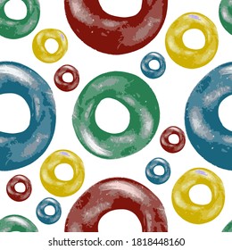 Patrón sin foco con anillos aislados y coloridos donuts al estilo de las caricaturas. Ilustración del vector