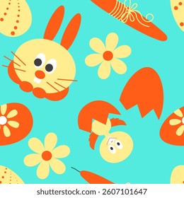 Seamless pattern of isolated Easter icons bunny, hatched chick, big candle, dyed eggs, flower. Vector illustration for wrapping paper, packaging, decoration.