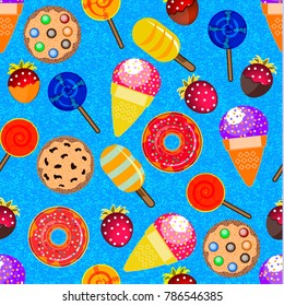 seamless pattern with isolated elements on blue texture background; candy, donuts, honey, cookies, m'n'ms, raspberry in 
chocolare glaze. elements for design. isolated sweet icons.