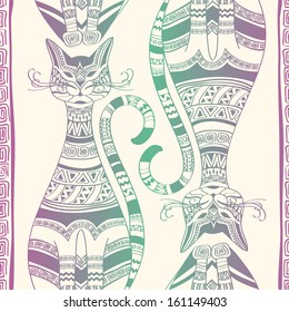 Seamless pattern with isolated ethnic ornate cats