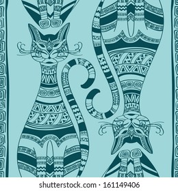 Seamless pattern with isolated ethnic ornate cats