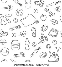 Seamless pattern with isolated fitness doodles. Hand drawn tillable background for fabric, textile, wrapping paper. Sketchy gym equipment: sneaker, dumbbell, mat, scales, barbell, cycle, shaker, balls