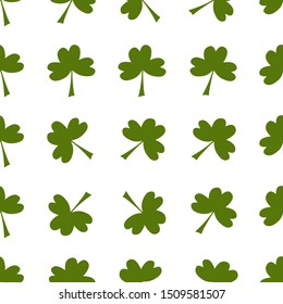 
Seamless pattern: isolated green clover on a white background. Flat vector. Illustration.