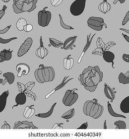 Seamless pattern of isolated hand drawn icons background fresh vegetables in cartoon style.Texture of Healthy food for recipe book or vegetarian menu. Carrot, tomato, onion, cucumber and potato.Vector