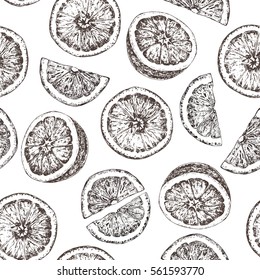 Seamless pattern of isolated hand drawn oranges and slices in sketch style. Vector illustration