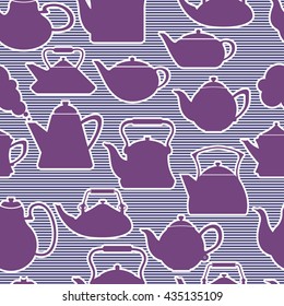 Seamless pattern with isolated icon silhouette kettles, teapots, coffee pot. Monochrome striped background. Vector eps 10.