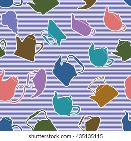 Seamless pattern with isolated icon silhouette kettles, teapots, coffee pot. Bright  striped background. Vector eps 10.