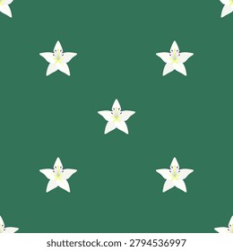 Seamless pattern with isolated icons of lily on green background. Fine flowers with five white petals. Liliums are designed in vector flat minimalist style. Simplified shapes