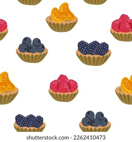 seamless pattern of isolated image of shortbread basket cake with fruits. blueberry, blackberry, raspberry and tangerine filling. flat style color vector illustration.
