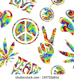 seamless pattern from isolated iridescent versicolored elements in Hippie Retro style 60s, 70s Peace and Love, a sign of Pacifism - two thumbs up, cannabis, round glasses and hearts.