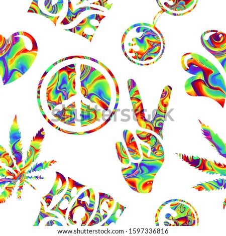 seamless pattern from isolated iridescent versicolored elements in Hippie Retro style 60s, 70s Peace and Love, a sign of Pacifism - two thumbs up, cannabis, round glasses and hearts.