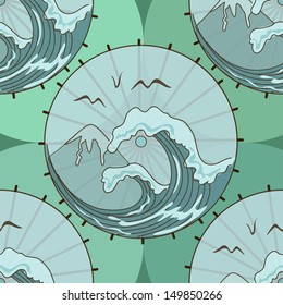 Seamless pattern of isolated Japanese umbrellas with landscape on the top