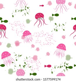 
Seamless pattern: isolated jellyfish, fish, watercolor blots on a white background. vector. illustration