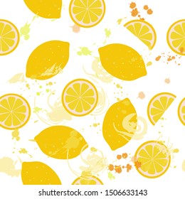 Seamless pattern of isolated lemons and lemon slices with watercolor blots on a white background. Illustration. Vector