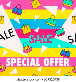 Seamless pattern with isolated lettering sale and special offer for your design. Vector illustration includes bags icon