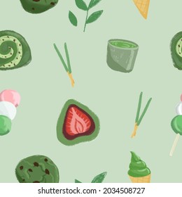 Seamless pattern with isolated matcha japanese sweets, different tasty desserts. Repeating texture for textile, print, design, background. 