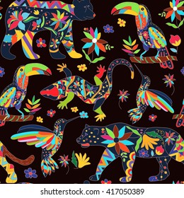 Seamless pattern with isolated Mexican animals and flowers. The black bear , jaguar , toucan, lizards , hummingbirds. Traditional Mexican animals in colorful colors and flowers. Vector illustration.