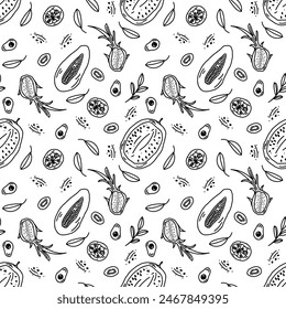 Seamless pattern with isolated minimalistic tropical fruits in sketch style. Doodle. Endless texture with hand drawn black and white fruits. Textile, Print.