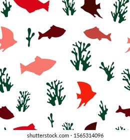 
Seamless pattern: isolated multi-colored fish and corals on a white background. flat vector. illustration